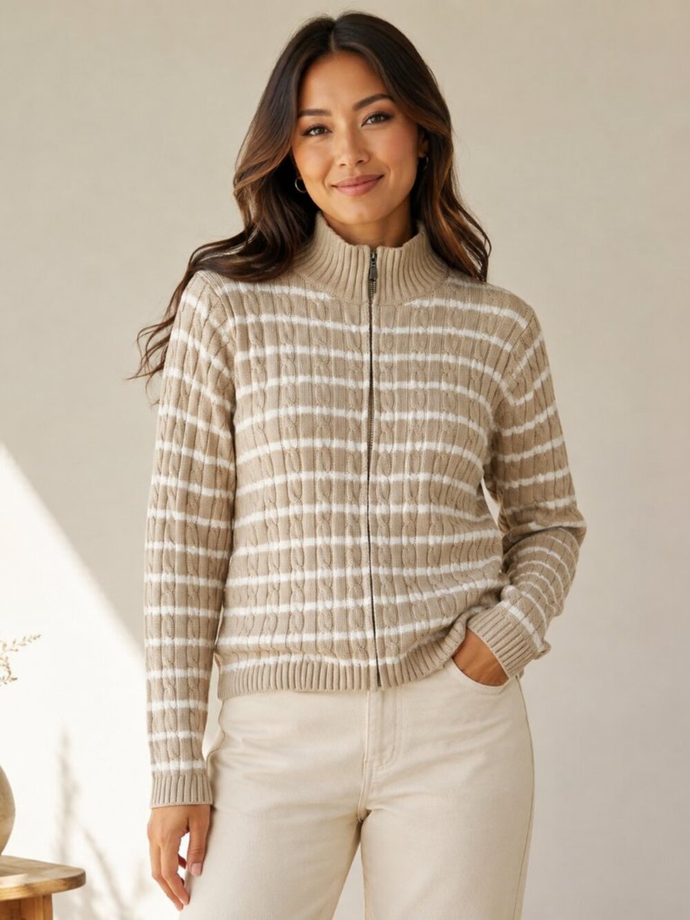 L.L. Bean Beige and White Striped Zip-Front Ribbed Sweater Size L